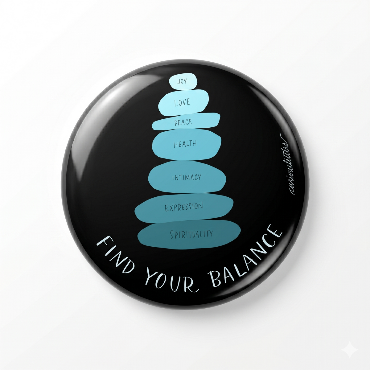 A 2-in-1 "Find Your Balance" bottle-opener and fridge magnet, with balancing rocks of values, art by Curious Letters. 58 mm diameter and sturdy metal body. 