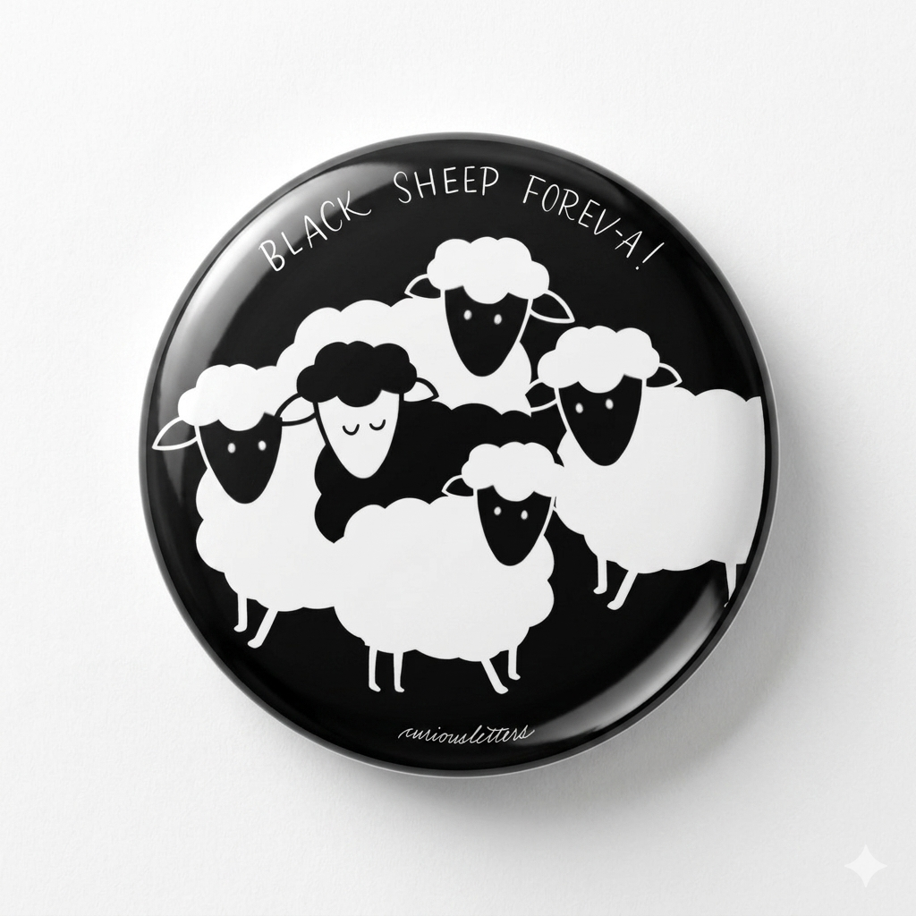 A 2-in-1 bottle opener and fridge magnet  for misfits, for black sheeps, with art by Curious Letters, of 58 mm diameter and sturdy metal body.