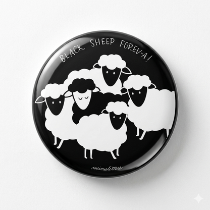 A 2-in-1 bottle opener and fridge magnet  for misfits, for black sheeps, with art by Curious Letters, of 58 mm diameter and sturdy metal body.