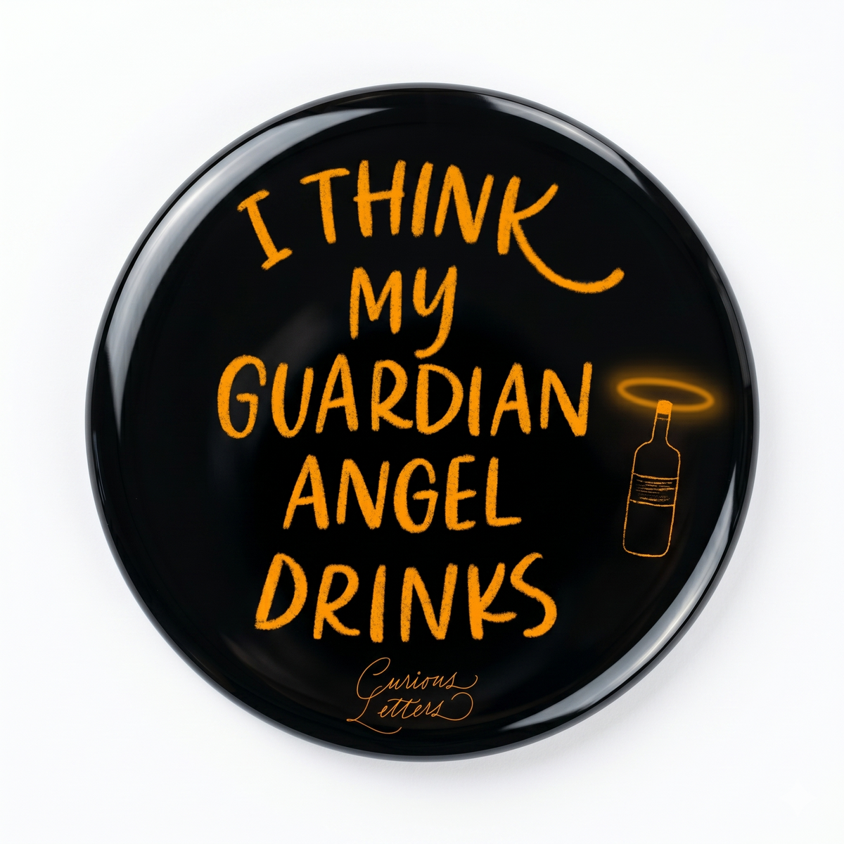 A 2-in-1 "I think my Guardian Angle Drinks" bottle-opener and fridge magnet, art by Curious Letters. 58 mm diameter and sturdy metal body. 